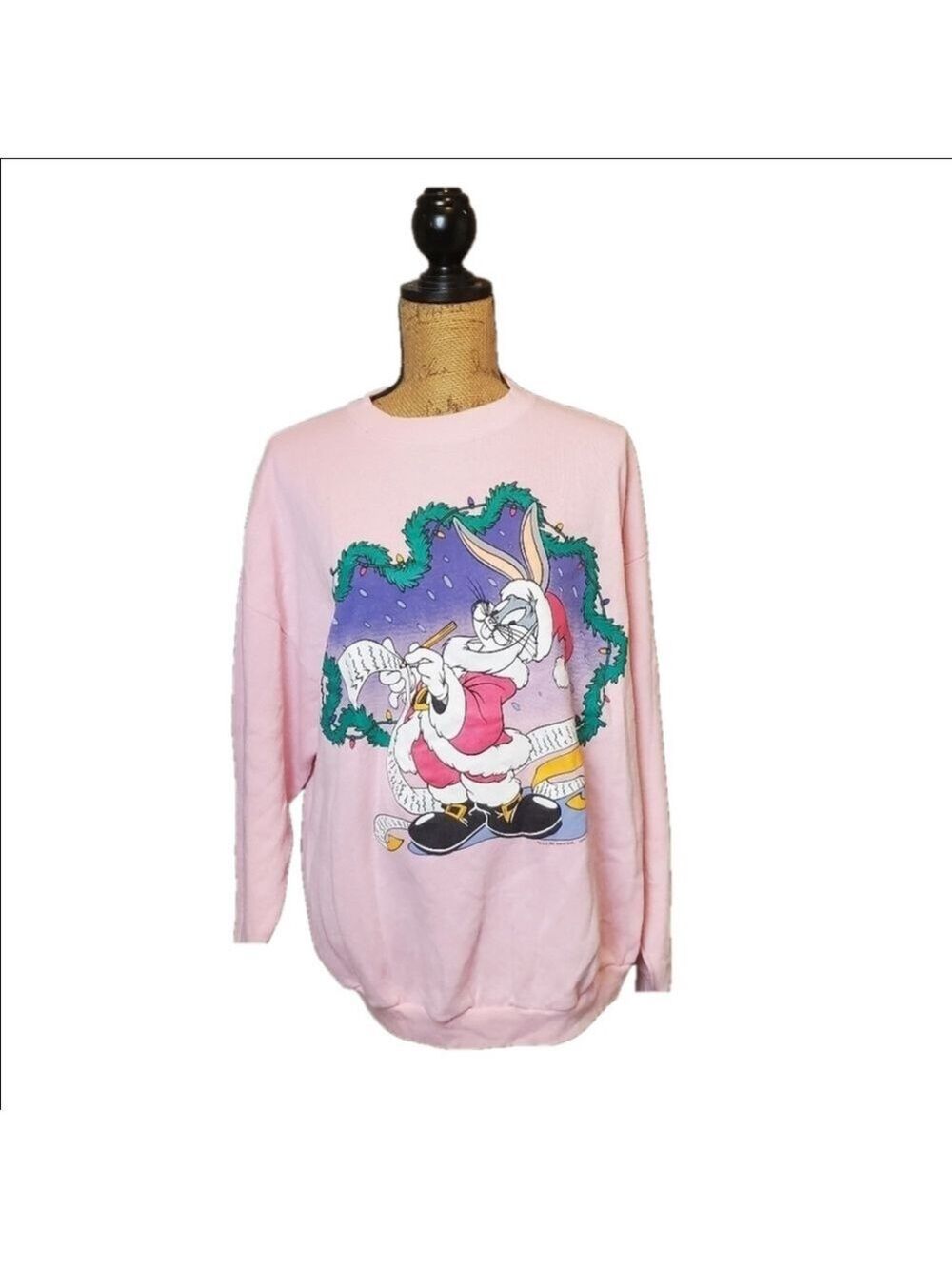 Vintage Looney Tunes Bugs Bunny Santa Sweatshirt Pink Large